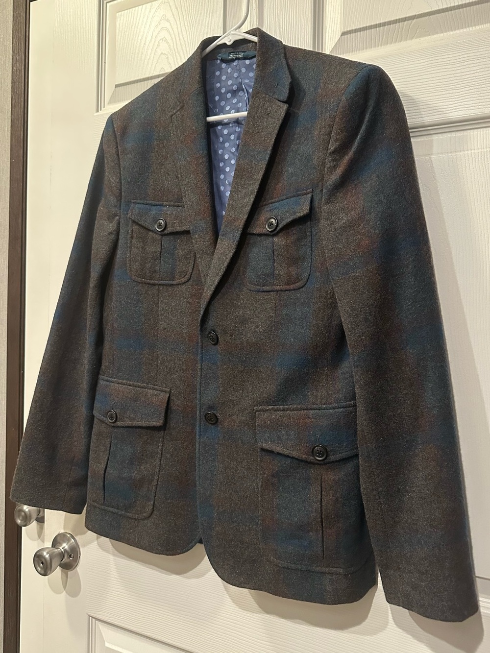 Perry Ellis 50% Wool Grey Blue Brown Plaid Fall Winter Slim Fit Blazer Jacket